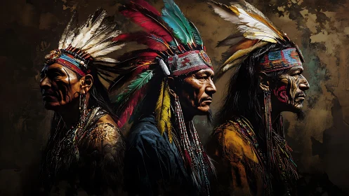 Three Indigenous elders in feathered headdresses, side profiles.