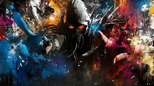 Hooded spectral figure emerging through explosive graffiti chaos.