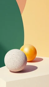 Geometric spheres on pastel pedestal in soft studio light.