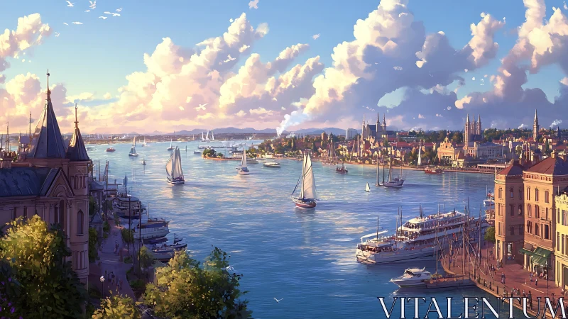 Wide river harbor cityscape shows mixed sail and motor traffic