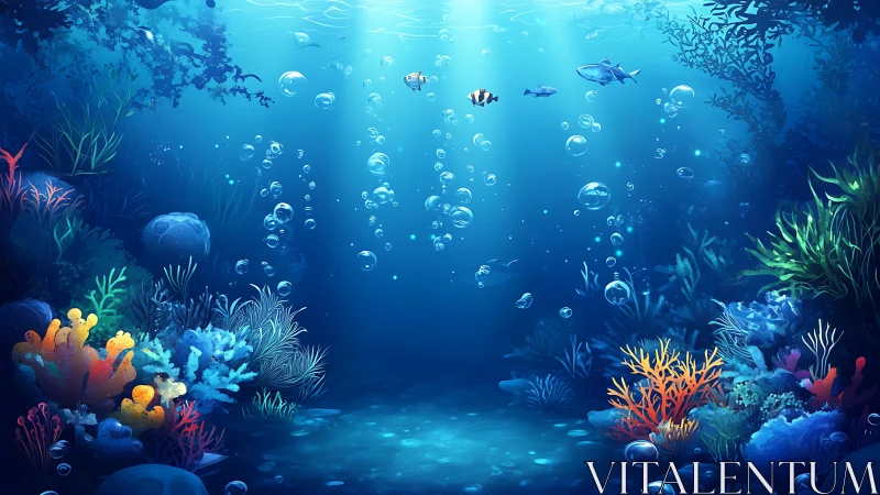 Digital illustration of underwater coral reef with fish life.