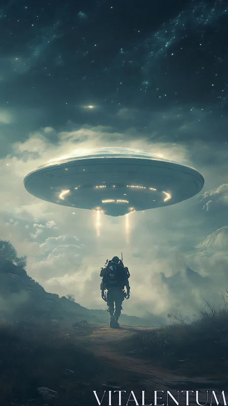 Lone explorer greeting a silent starship above the mist.