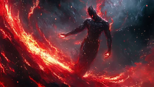 Fiery shadow entity strides through swirling cosmic inferno