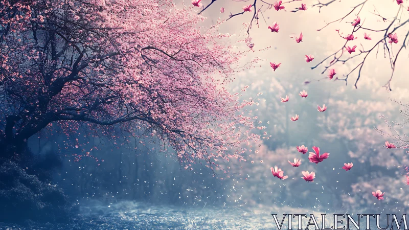 Cherry blossom canopy dissolves into drifting floral fragments