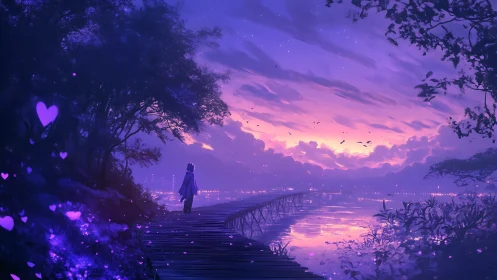 Twilight lakeside boardwalk with solitary figure in violet hues