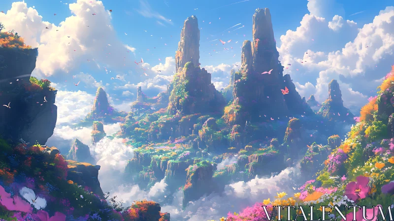Floating flowered peaks above glowing fantasy cloud sea.
