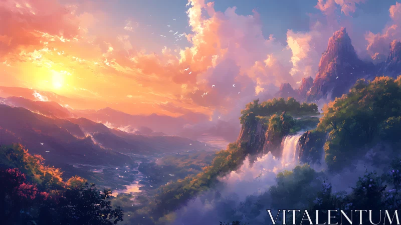 Sunset paints cascading cliffs as misty valleys breathe light