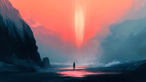 Lone figure before vertical portal in foggy coastal ravine