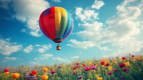 Multicolored hot air balloon ascends above saturated wildflower field