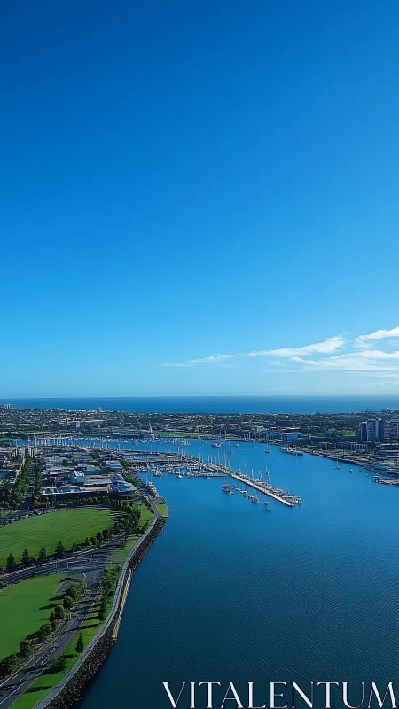 Coastal marina with moored yachts under clear blue sky.