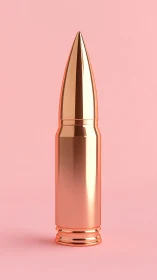 Gleaming copper bullet standing proud on soft pink void.