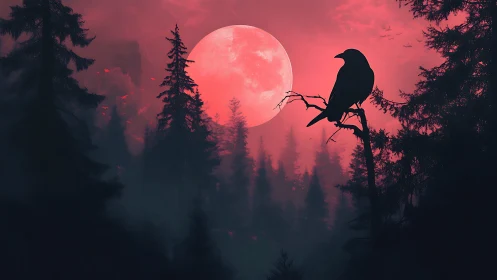 Black crow silhouette against red moon over dark forest.