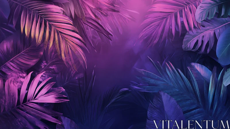 Neon rim-lit tropical foliage forming symmetrical gradient canopy