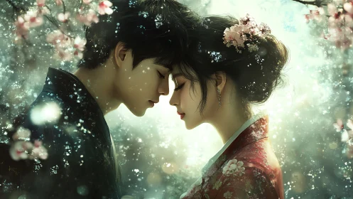 Two figures in ethereal moment amid flowering branches.