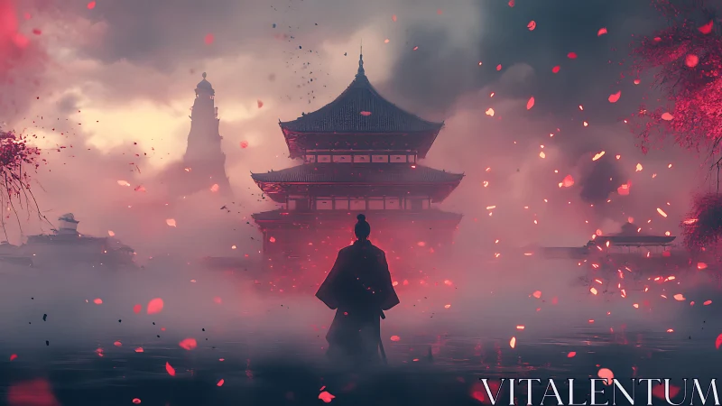 Lone samurai faces temple in red mist and falling petals.