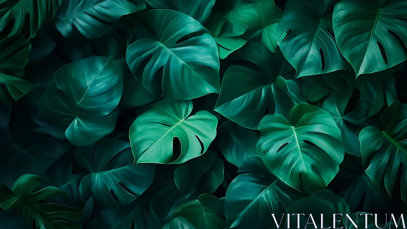 Layered monstera foliage rendered with high-gloss photoreal detail