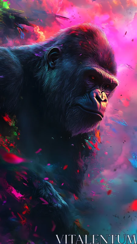 Neon-lit gorilla rendered in high-contrast chromatic clouds