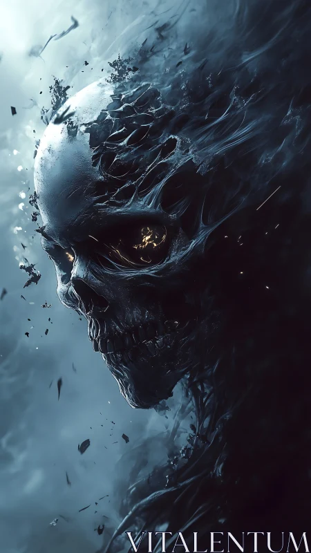 Dark skeletal entity dissolving into swirling smoky void.