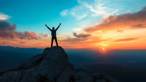 Silhouetted climber stands on jagged summit against high dynamic range sunset