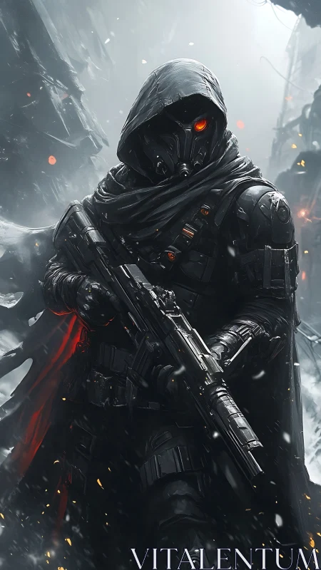 Hooded cybernetic soldier with rifle in snowy ruins.
