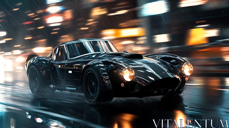 Wet street racing shot captures retro sports car with dynamic motion blur