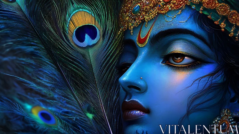 Graceful blue deity gazes through shimmering peacock feathers