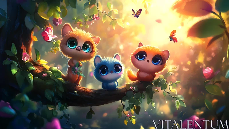 Three stylized feline characters with oversized cerulean ocular features positioned on wooden branch