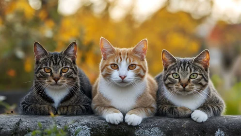 Three Tabby Cats Resting on Stone Surface Outdoors.