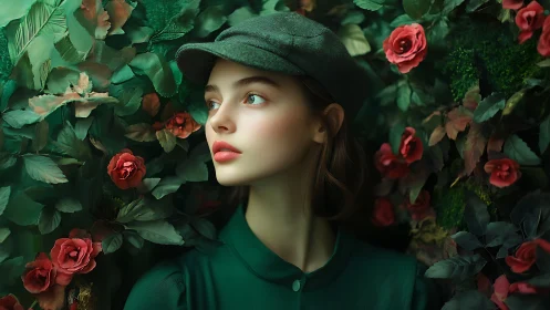 Green-clad dreamer listens softly to the whispering roses
