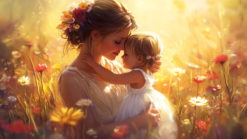 Mother and Child in Golden Wildflower Meadow.