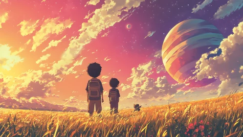 Children watching giant planet over sunset wheat field.