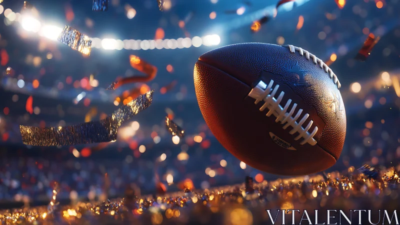 Football spirals through stadium confetti under bright lights.