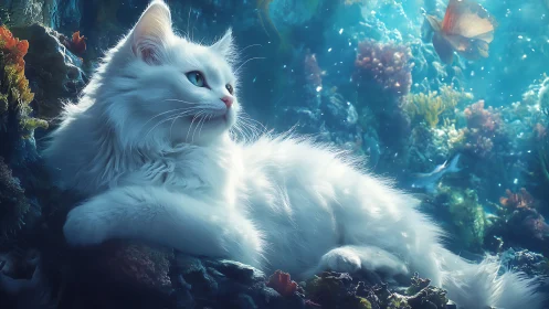 White feline subject positioned within submerged aquatic ecosystem setting.