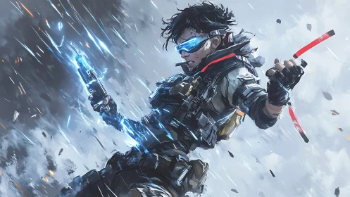 Futuristic combat figure with energy weapon and visor gear.