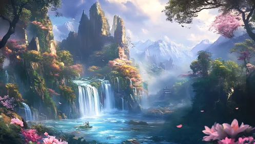 Mountain valley landscape with waterfalls and river basin.