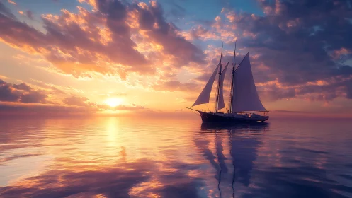 Sailing ship glides over tranquil sea under radiant sunset skies