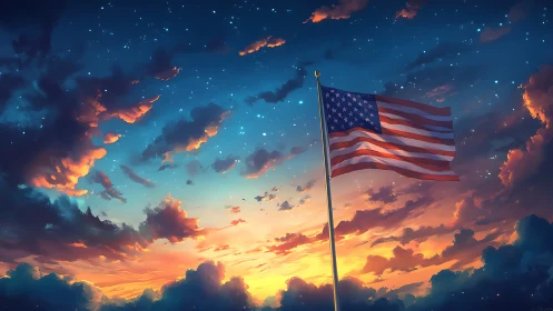 Stars and stripes breathe against a dream-bright twilight sky