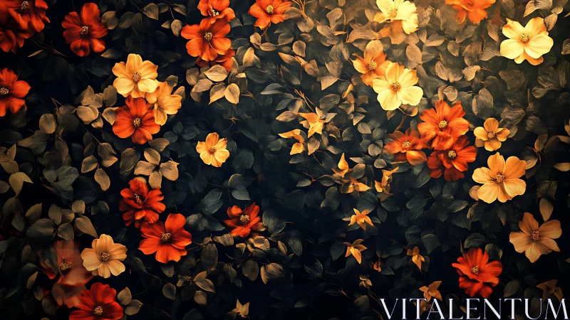 Autumn's Luminous Garden Dance on Shadowed Canvas.