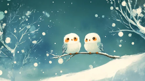 Two Cute Birds on a Snowy Branch, Whimsical Winter Illustration.
