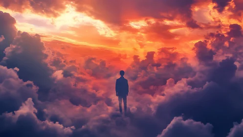 Solitary human figure standing amid dense glowing clouds.