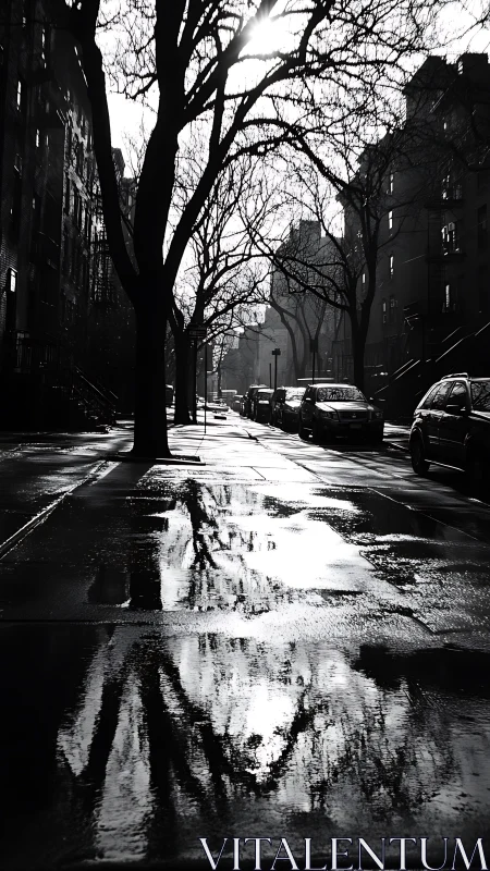 Rain-slick city street catching ghostlight in stark monochrome.