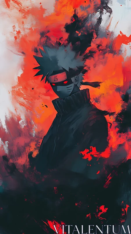 Masked ember ninja drifting through crimson battlefield dusk.