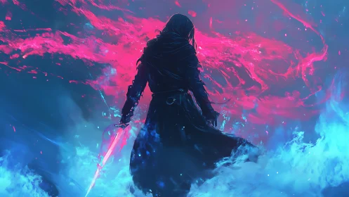 Hooded figure with energy blade in abstract blue red mist.