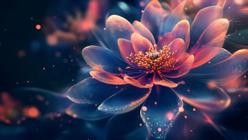 Digital rendering of translucent lotus flower in neon tones.