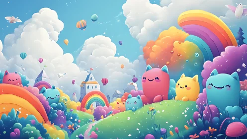 Stylized digital landscape with oversized creatures and rainbow elements