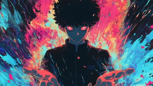 Psychic teen channels neon inferno with blazing focus.