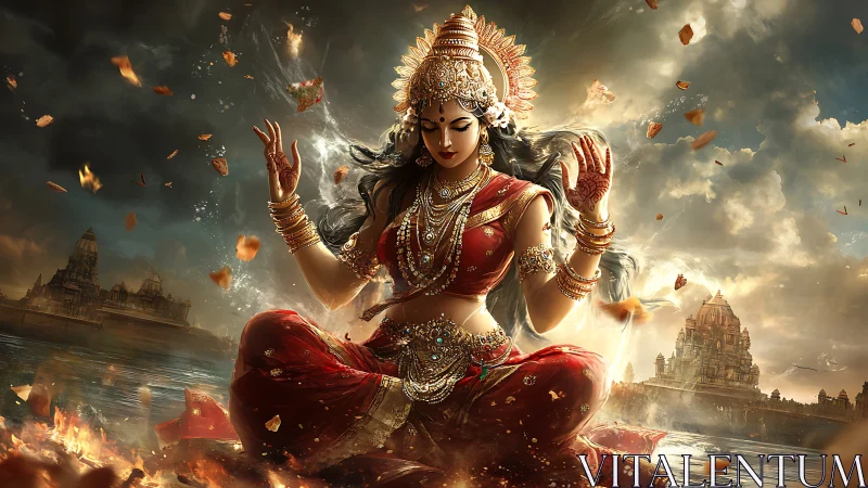 Radiant goddess in red meditating amid swirling golden light.