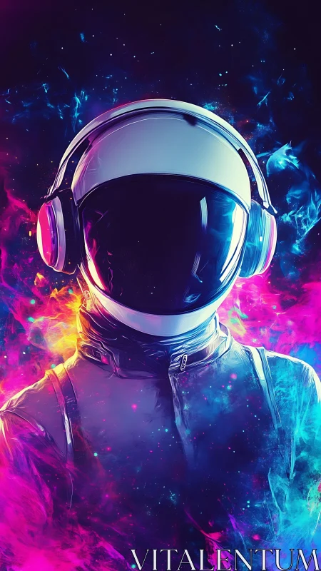 Astronaut in headphones amid neon vapor and dark void.