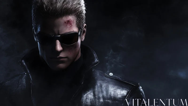 Brooding man in black leather coat and dark sunglasses.