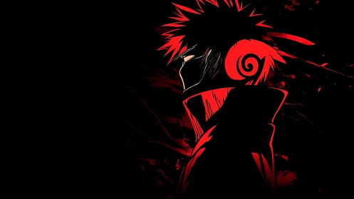 Red and black stylized profile of cloaked spiky-haired figure.